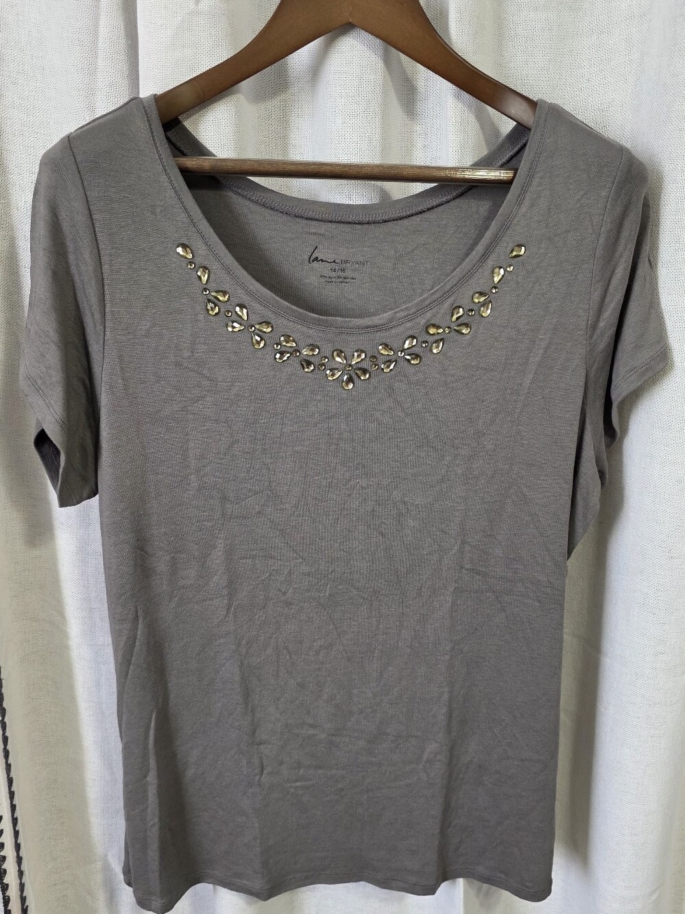 Lane Bryant Taupe Short Sleeve Scoop Neck Tee with Gold Jewel Trim